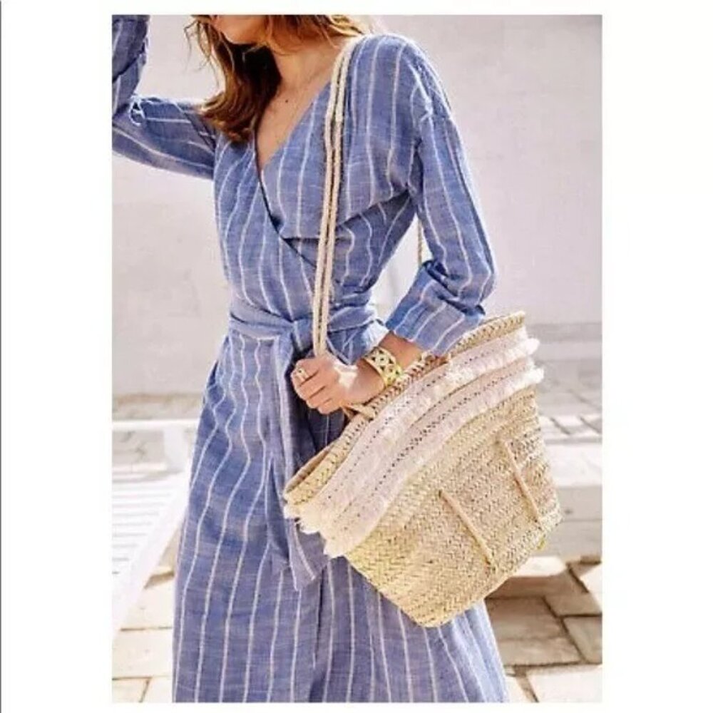 Sezane Robe Laurette Midi Dress Wrap Striped Embroidered Long Sleeve XL44 278238 - Picture 3 of 9